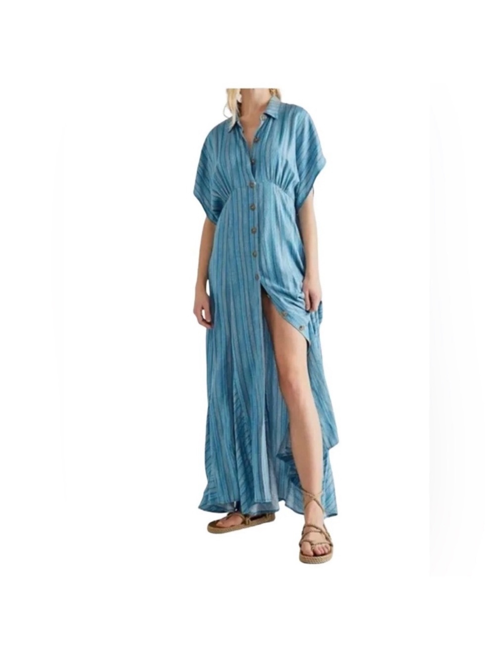 Free People Light Blue Striped Button-Front Maxi Dress